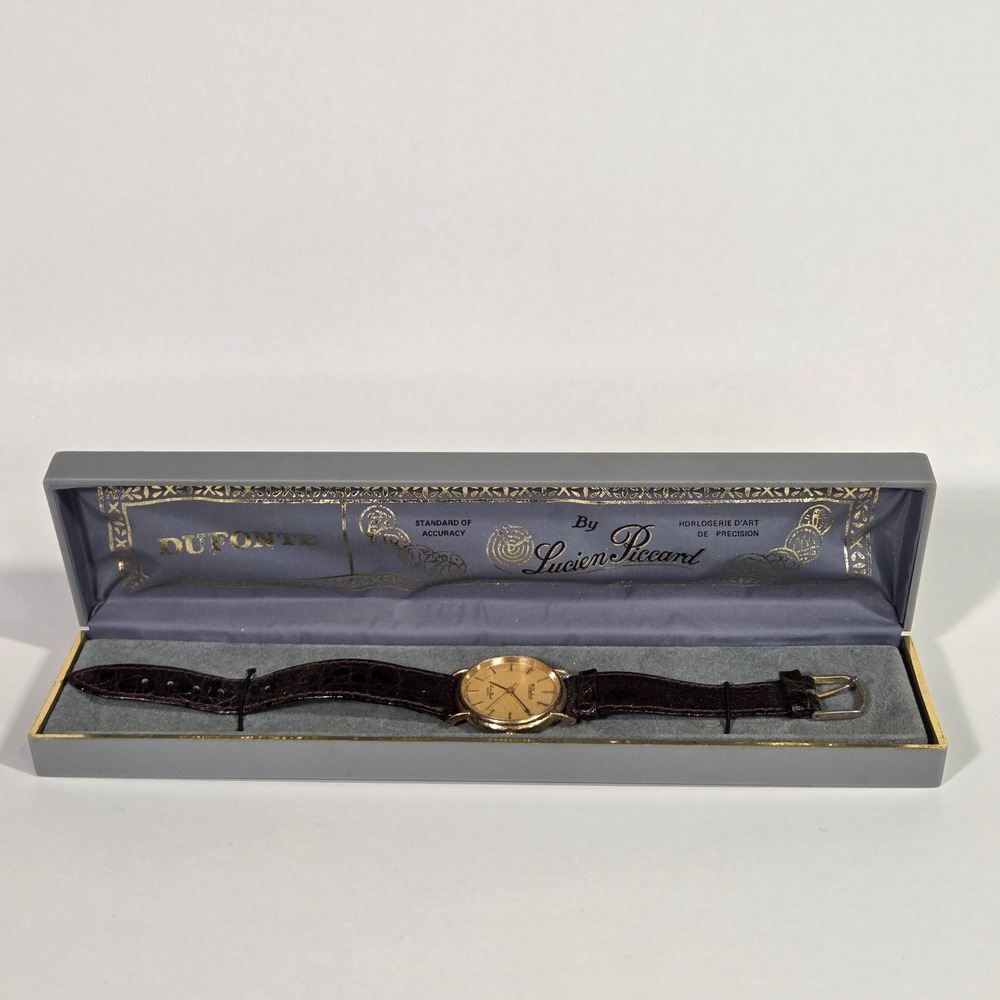 Dufonte by Lucien Piccard Mens Watch Gold Tone Champagne Dial Brown Leather Box